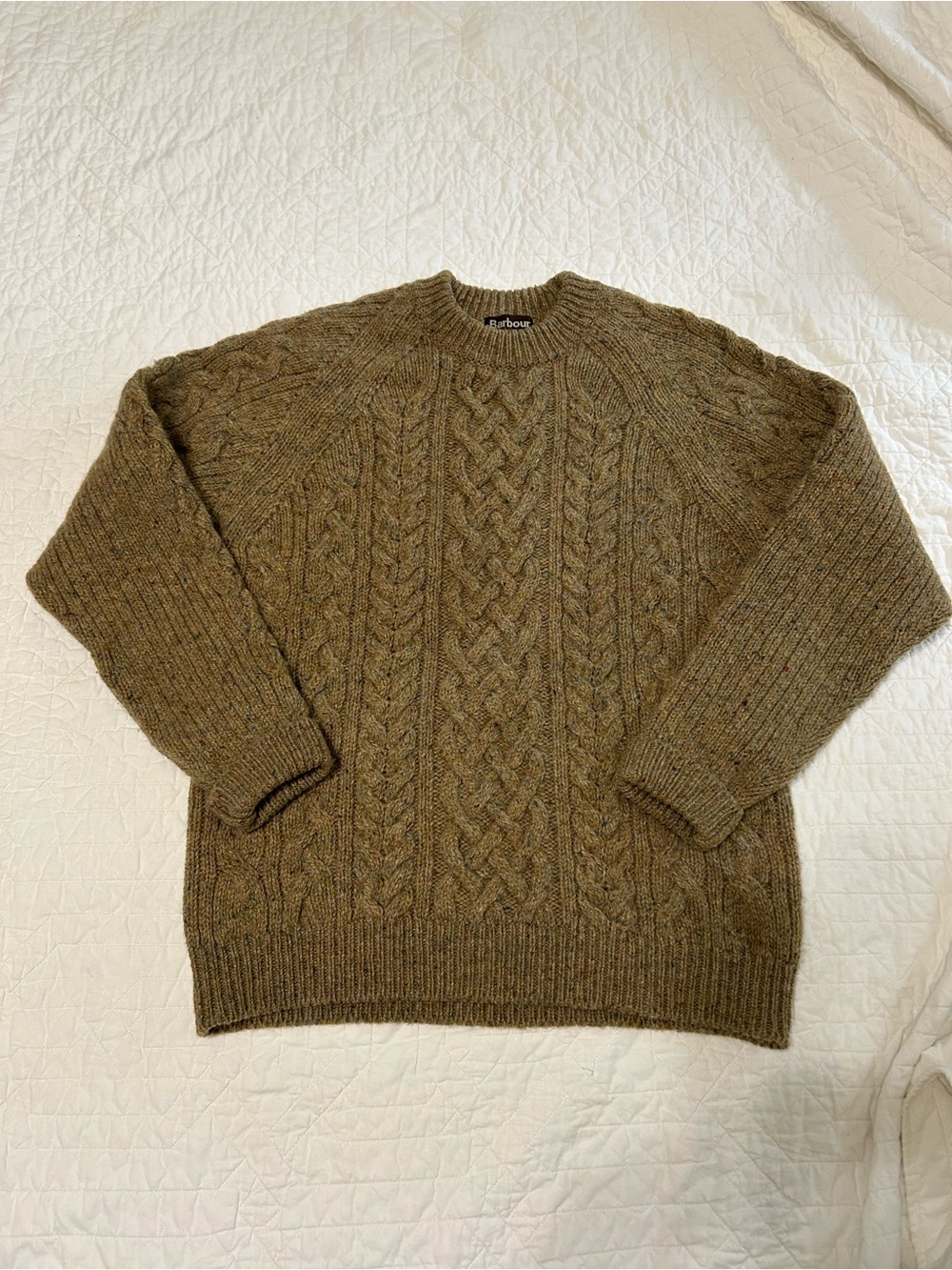 Barbour Olive-Brown Cable Knit Fisherman Crewneck Sweater